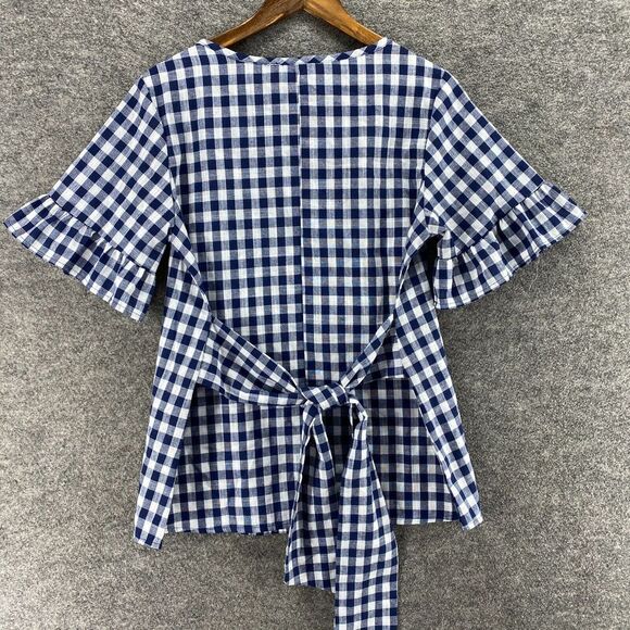 Shop Basic Blouse Women M Medium Blue Plaid Short Sleeve Belted Crew Neck Cotton - Picture 7 of 8